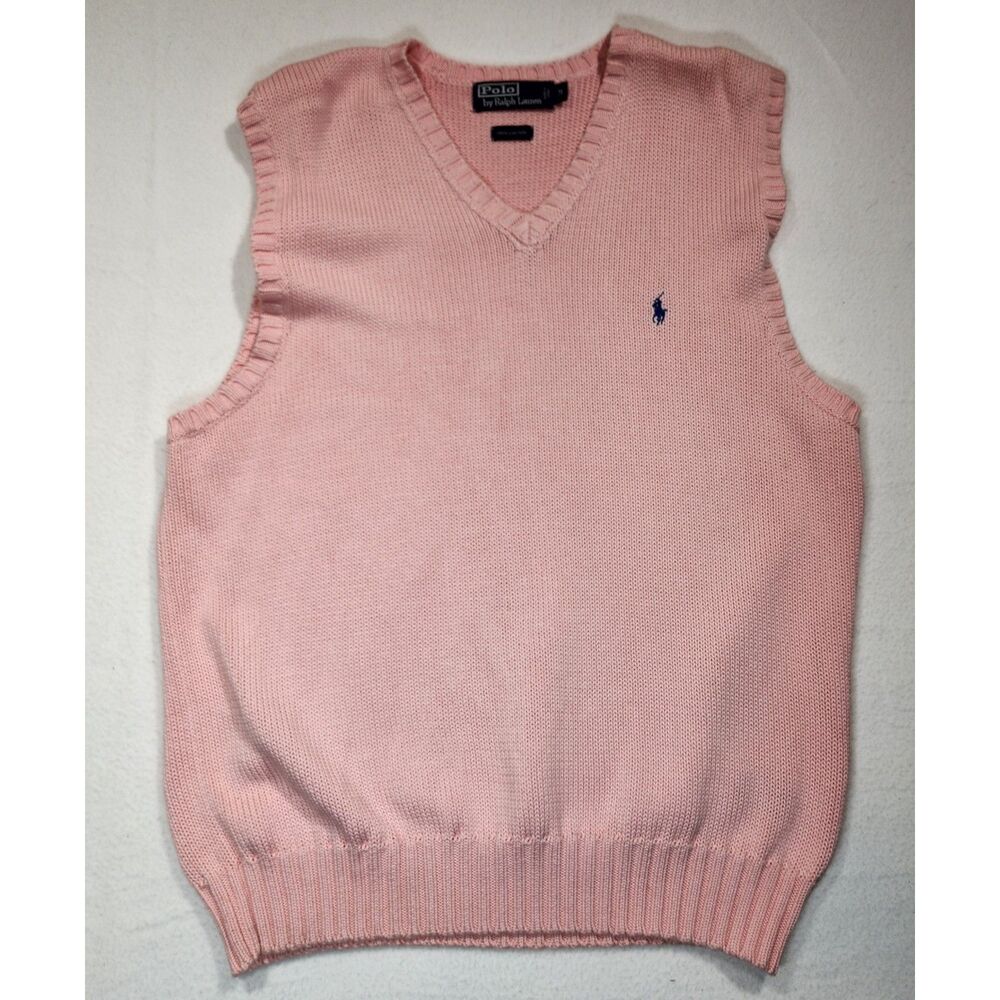 Polo Ralph Lauren Mens Medium Pink Cotton Sweater Vest V Neck Preppy